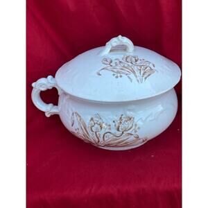 Antique Wheeling Pottery Co. Stoneware Gold Floral Transferware Chamber Pot